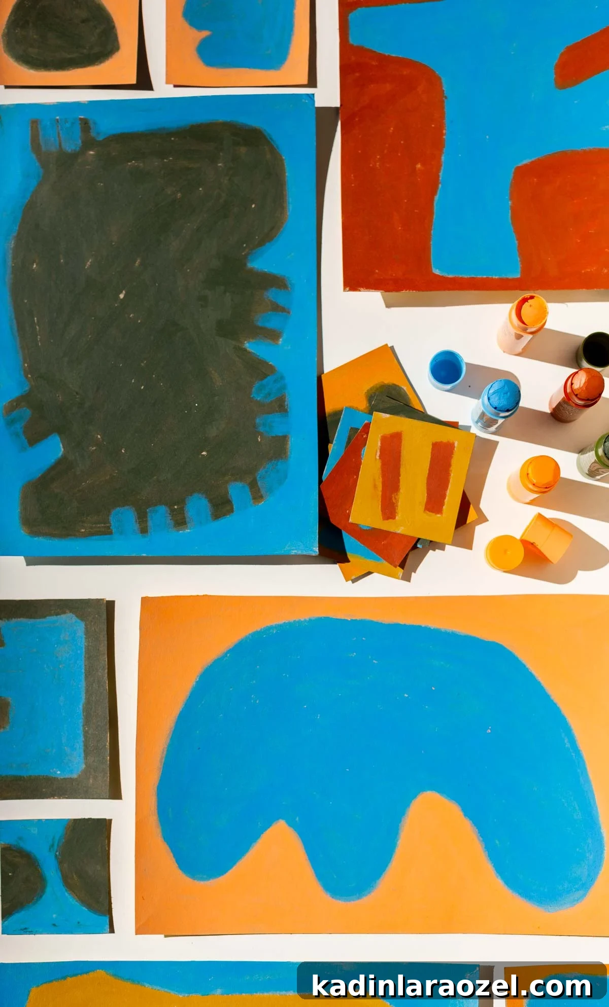 Colorful earthy artwork lined up, in organic shapes and bold colors