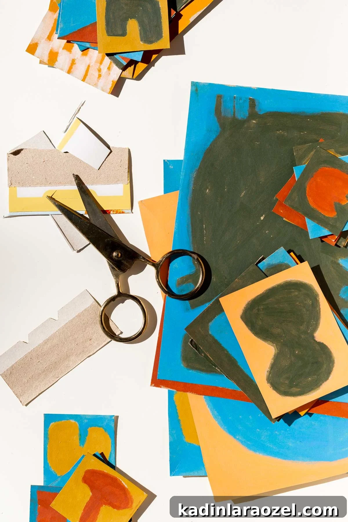 Scissors and cardboard on white table with colorful abstract paintings