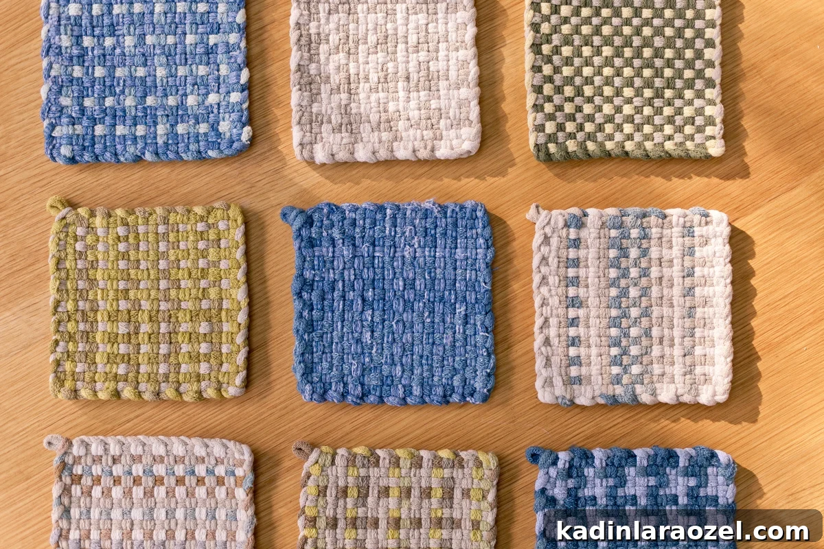 Potholder Loom Weaving: DIY Projects and Techniques 4 Neutral modern potholders laid out in rows, all handmade