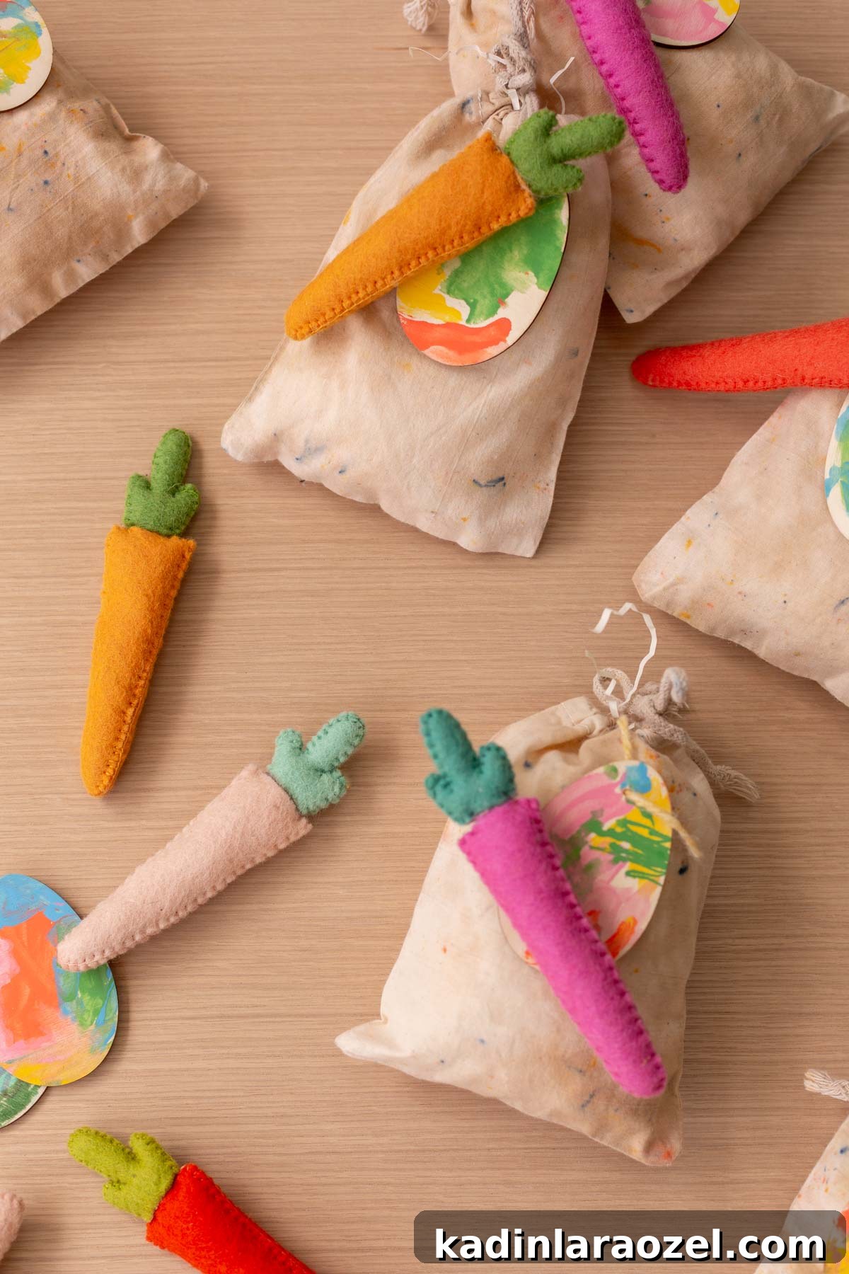 Colorful Easter goodie bags, with decorative felt carrots