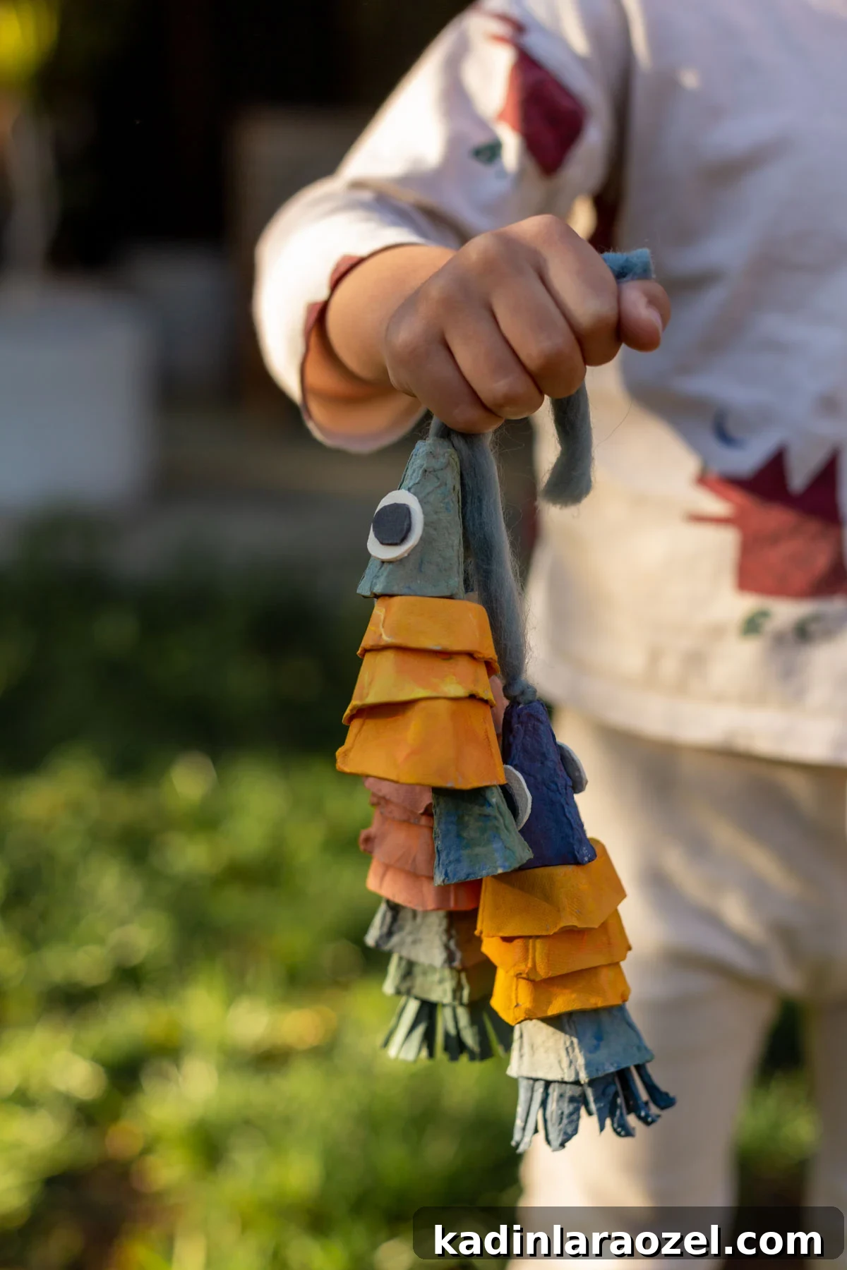 Toddler holding colorful egg carton fish while playing outside