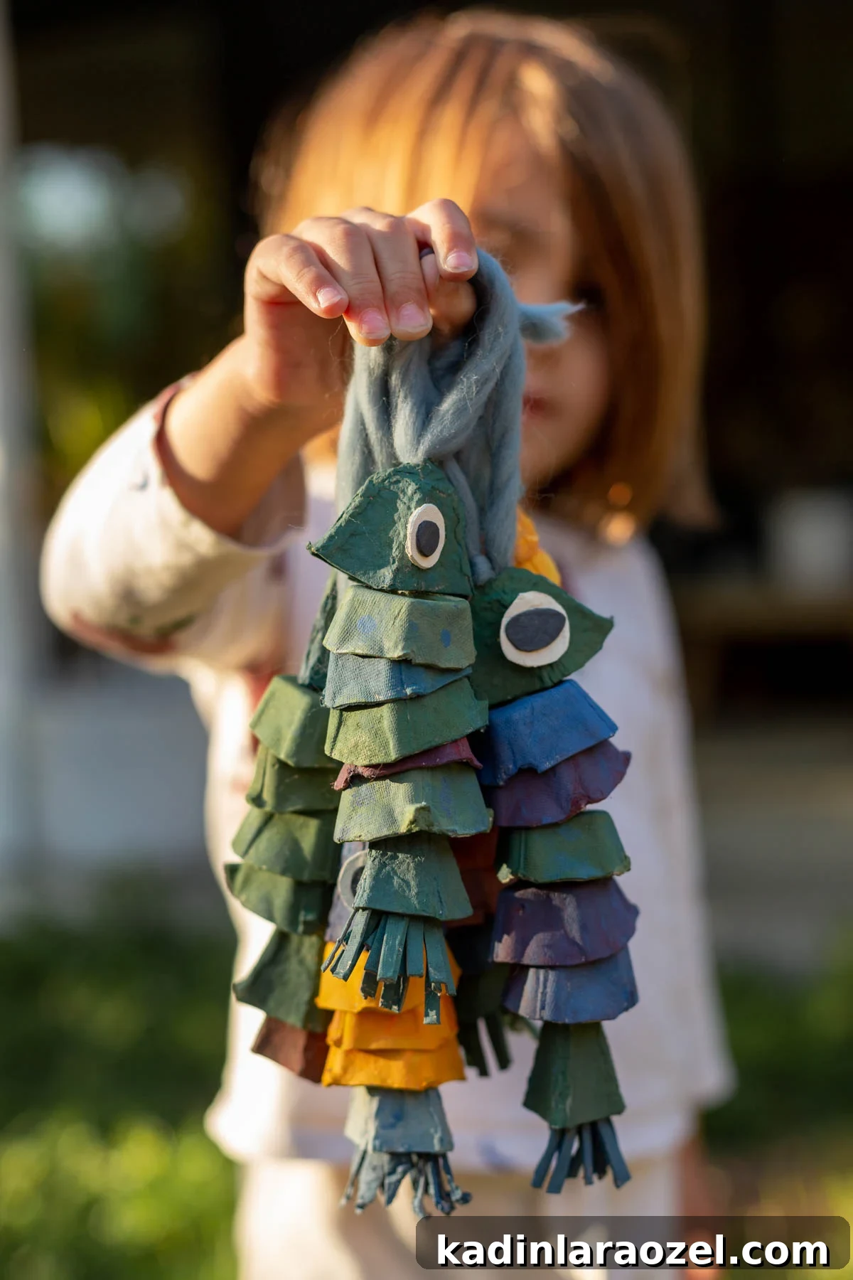 Child holding egg carton fish in front of him