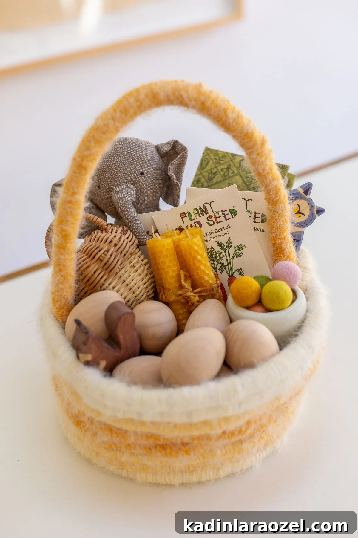 Make an Easter Basket from Scratch: Step-by-Step DIY Guide 14 handmade easter basket in pastel color with wooden toys and other small gifts for kids inside