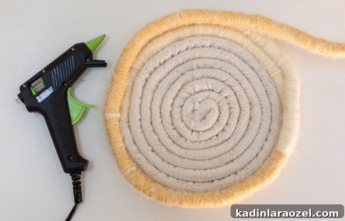 Make an Easter Basket from Scratch: Step-by-Step DIY Guide 8 glueing cotton cording together to make a basket, with hot glue