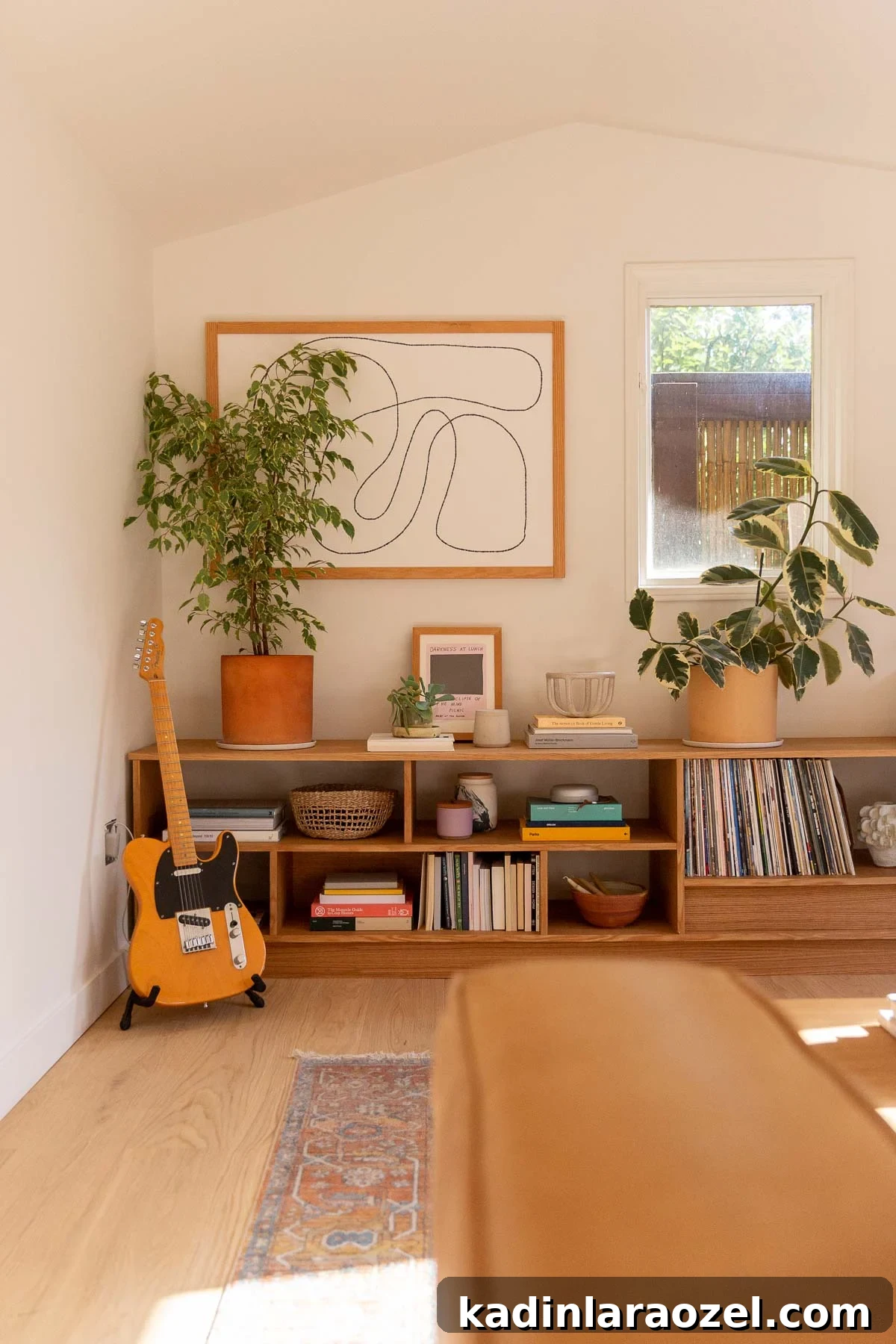 Open shelving with stacked books and tall plants in a white room with plenty of natural light