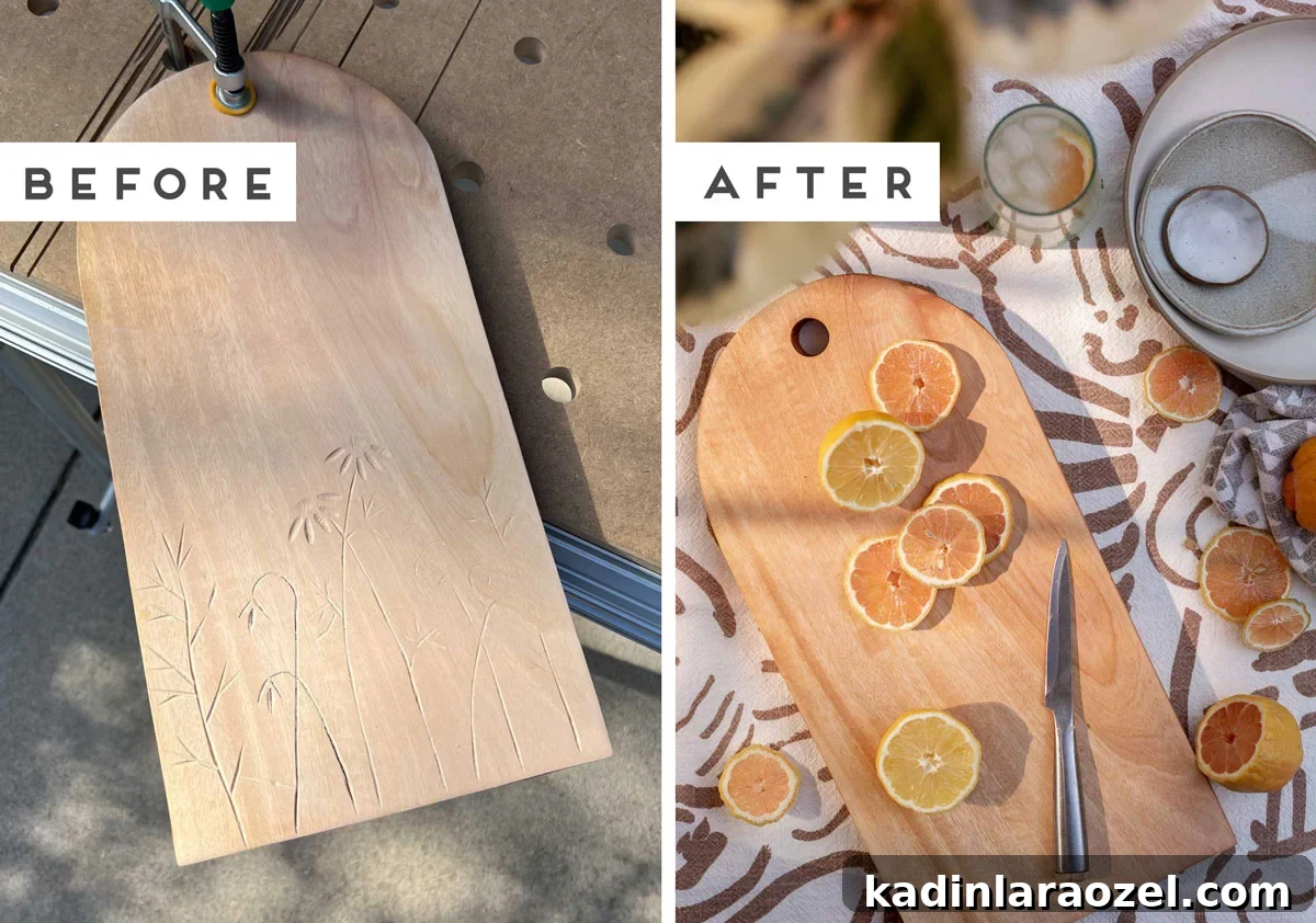 Wood serving board with engravings side by side with serving board without engravings