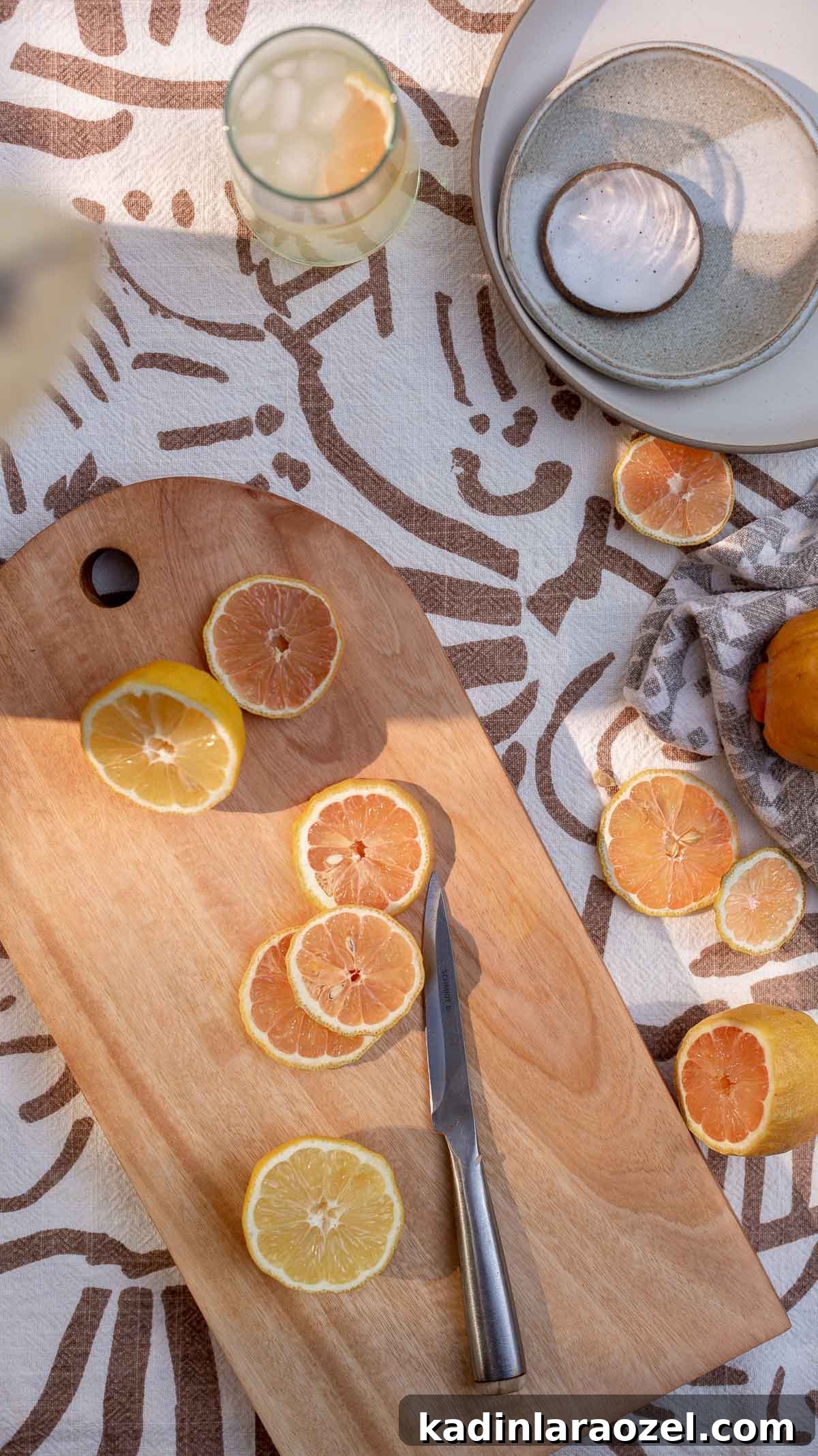 table with neutral, patterned tablecloth, ceramic plates, minimal glassware, and a wood serving board with citrus