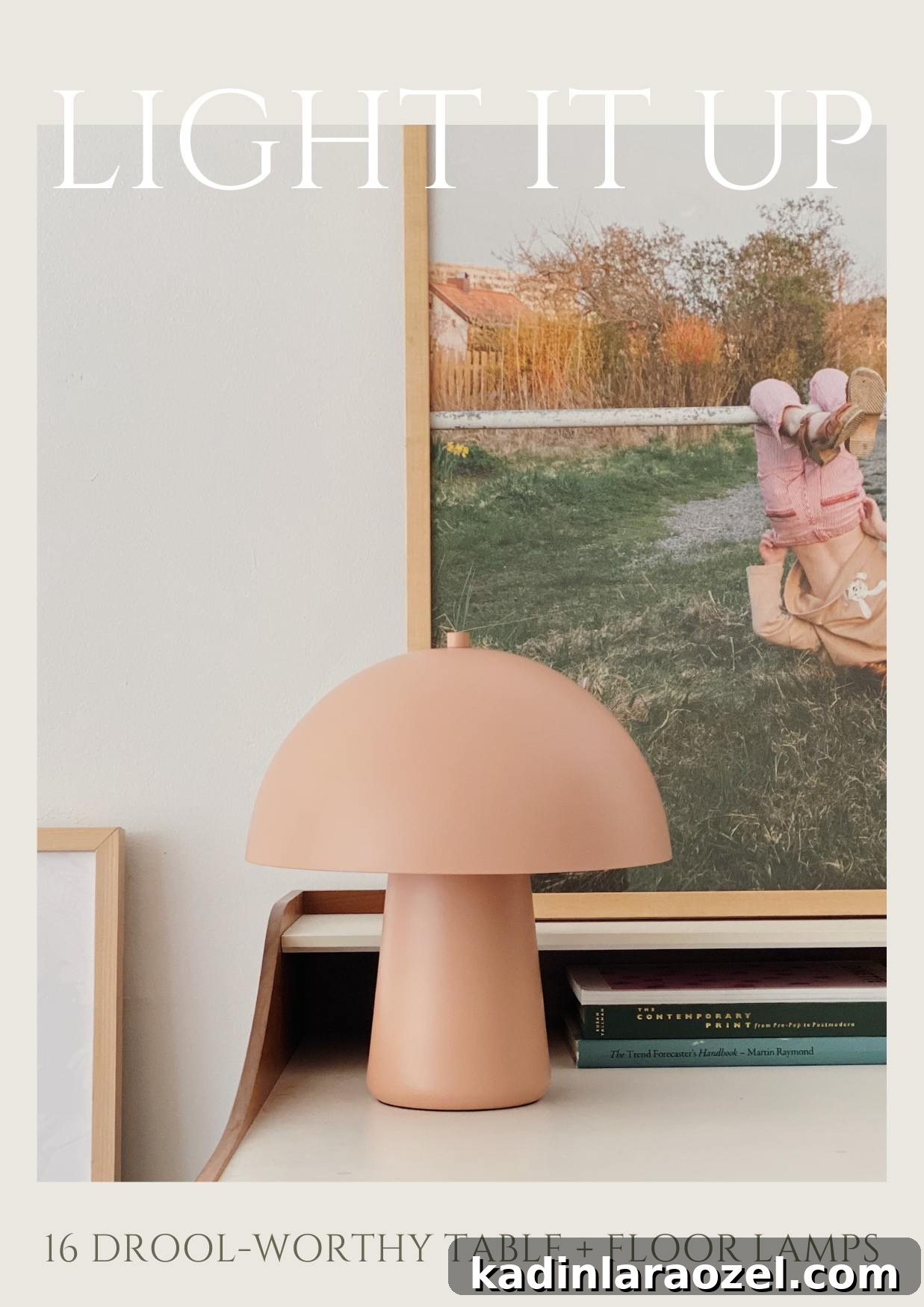 16 Stylish Home Lamps to Brighten Every Room 2 Clay colored mushroom table lamp on a desk with artwork behind it