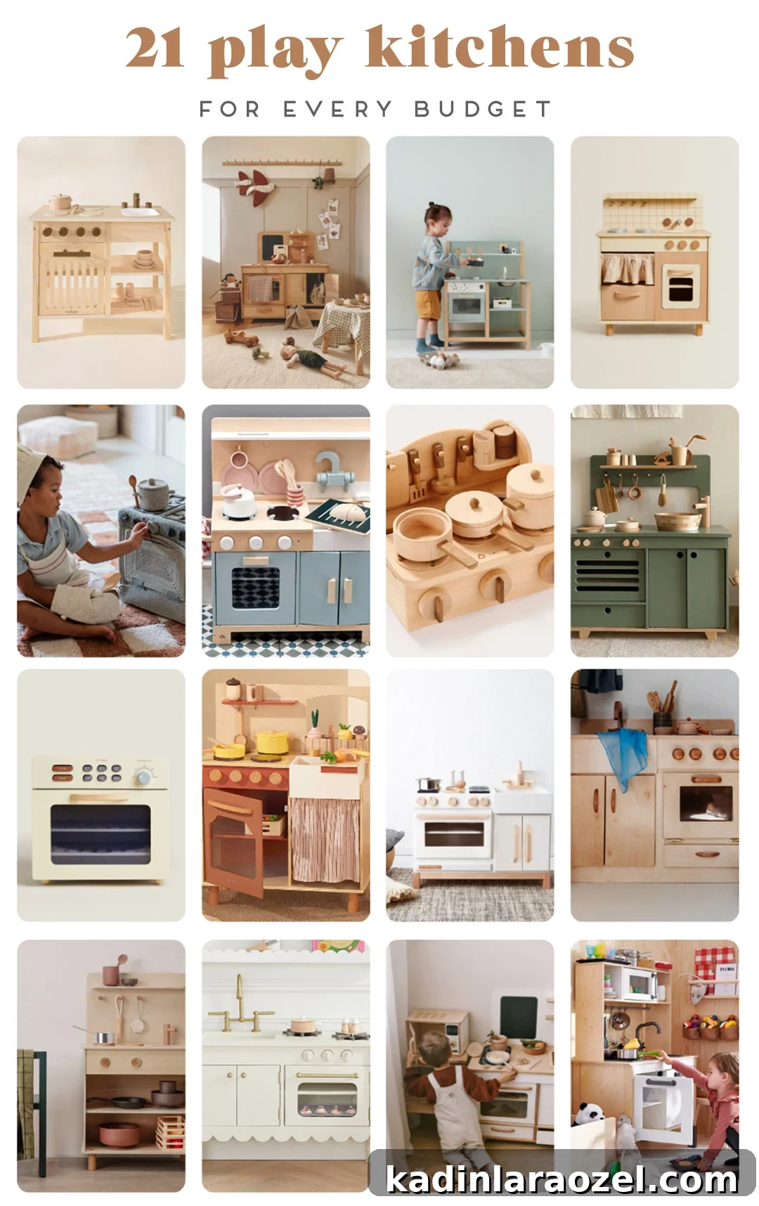 roundup image of various cute, wooden play kitchens 