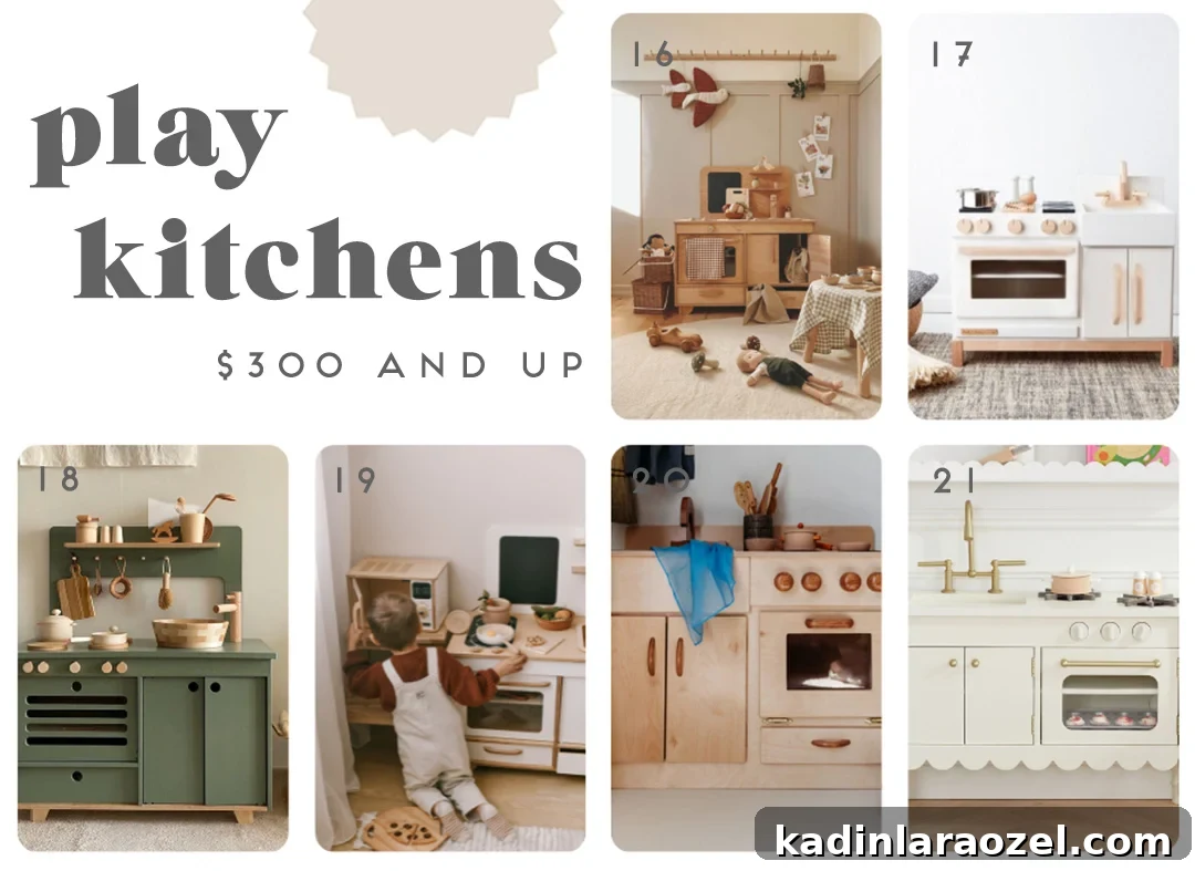 images of children's play kitchens in different colors and designs