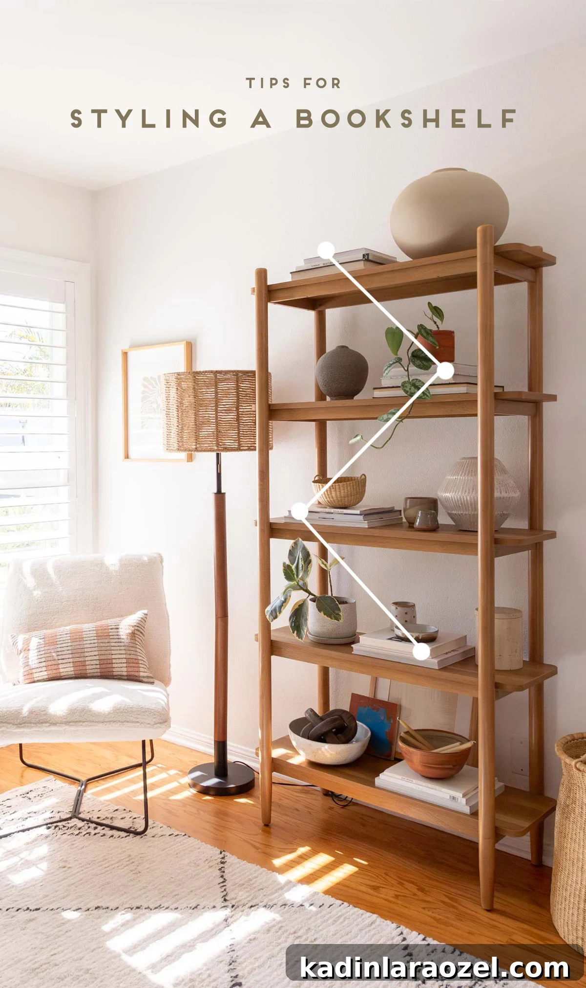 Diagram showing how to style a bookshelf using a zigzag technique