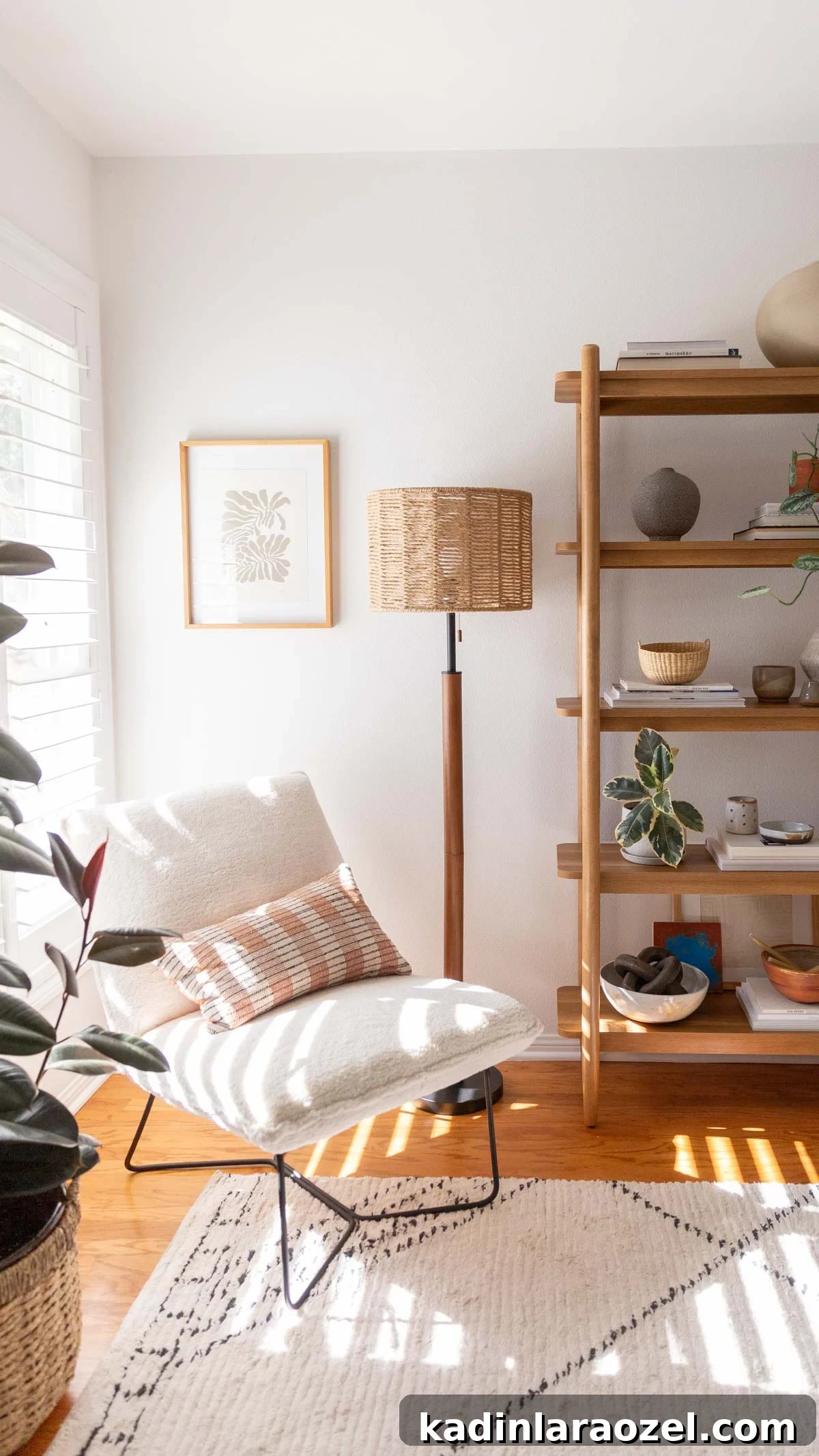 Organic modern sitting area, styled with wooden bookshelf and cream furniture