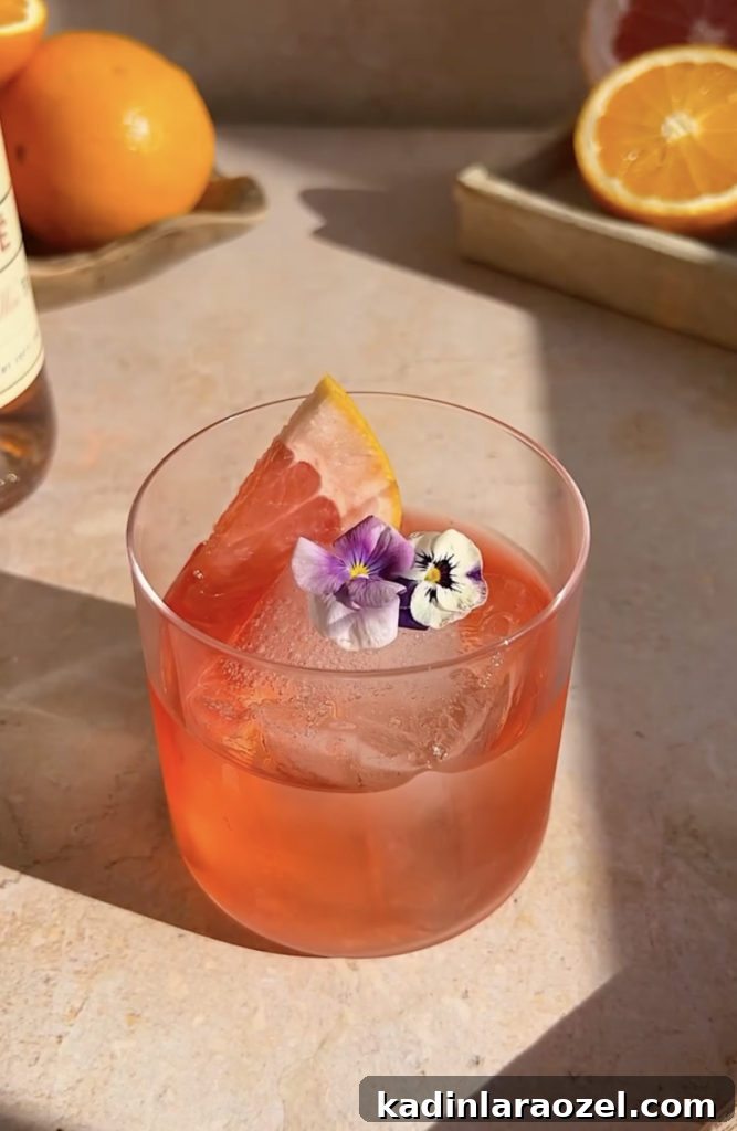 17 Refreshing Summer Cocktails to Try Now 12 pink drink in short modern glass with edible flowers and grapefruit garnish