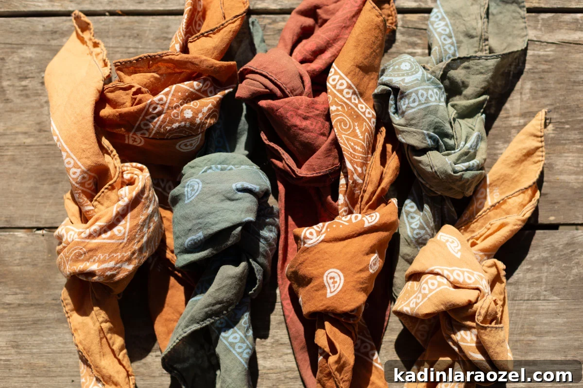 DIY Earth-Tone Bandanas: Stylish Patterns & Sewing Tips 4 earth tone, neutral color bandanas on an old table outdoors