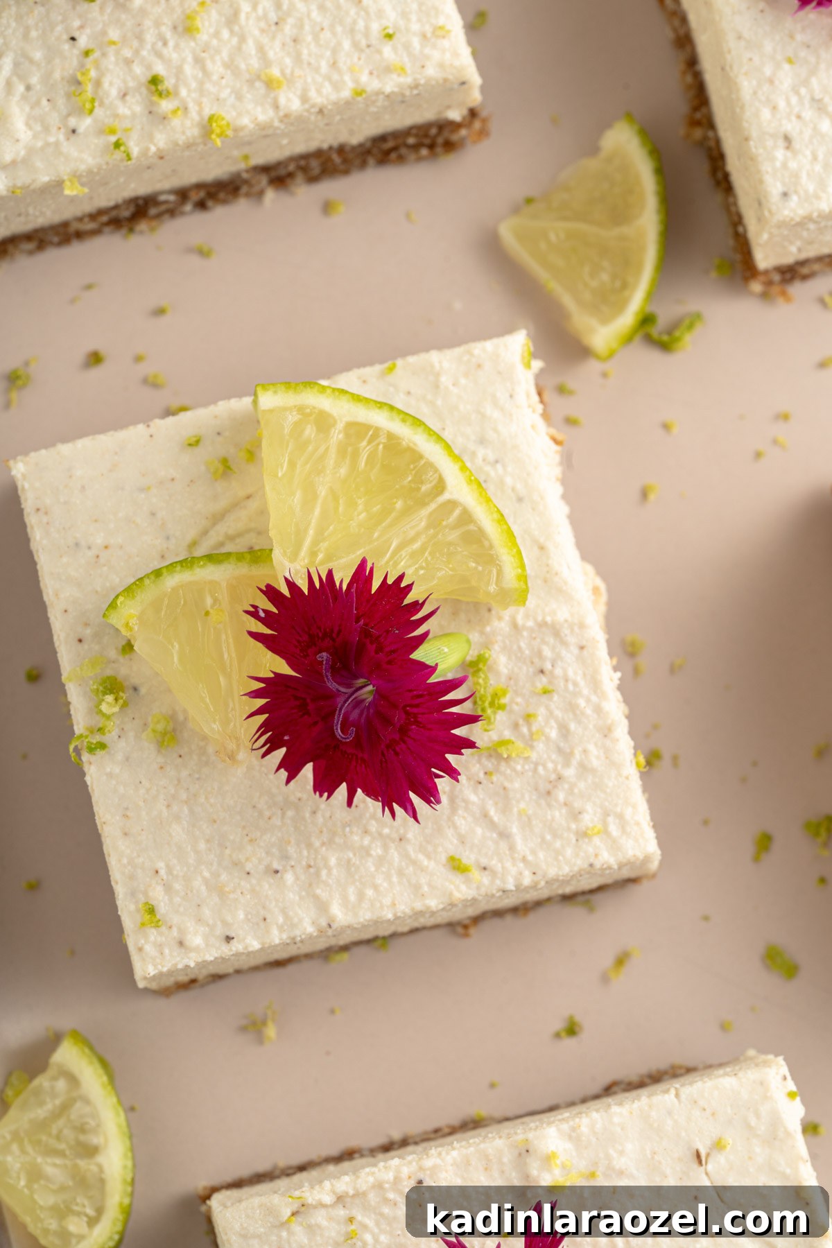 No-Bake Vegan Key Lime Bars — Tangy Creamy Dessert 10 overhead of homemade key lime bars with edible flowers and thin lime slices on top