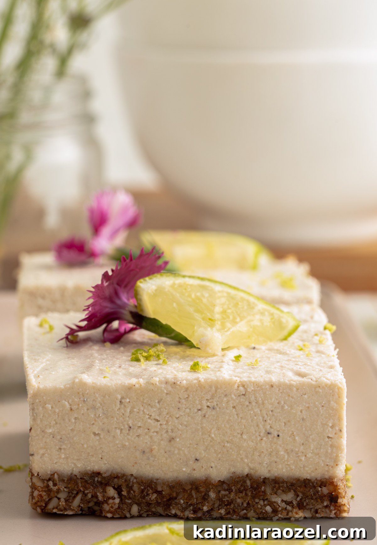 No-Bake Vegan Key Lime Bars — Tangy Creamy Dessert 11 closeup of homemade key lime bars