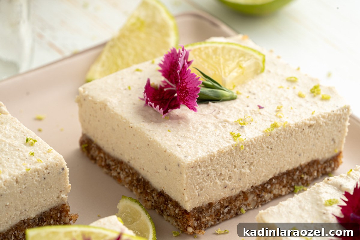 No-Bake Vegan Key Lime Bars — Tangy Creamy Dessert 9 square cut up key lime bars with summer garnishes